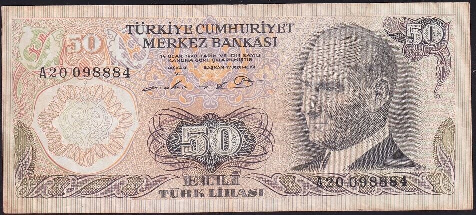 6.Emisyon 1.Tertip 50 Lira A20 098884 Çok Temiz