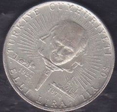 1973 Yılı 50 Lira Türkiye Cumhuriyeti 50. Yıl Gümüş ( 13 gram )