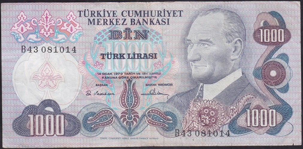 6.EMİSYON 1.TERTİP 1000 LİRA B43 081014 ÇOK TEMİZ