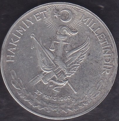 1960 Yılı 10 Lira - Hakimiyet Milletindir İhtilal Gümüş ( 15 Gram )