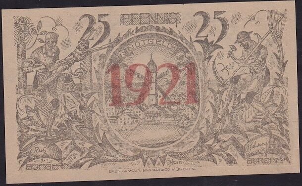 Almanya 25 Pfennig Notgeld 1921 Çilaltı Çil Filigranlı