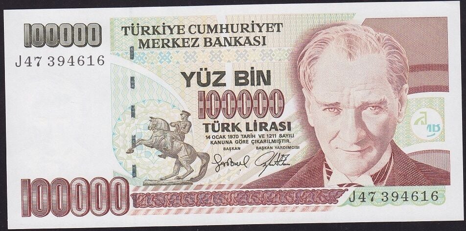 7.Emisyon 3.Tertip 100000 Lira J47 394616 Çil