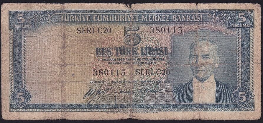 5.Emisyon 1.Tertip 5 Lira C20 380115 Temiz