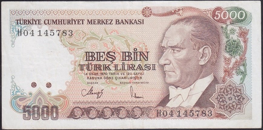 7.EMİSYON 4.TERTİP 5000 LİRA H04 145783 ÇOK TEMİZ + eski kağıt para alan yerler