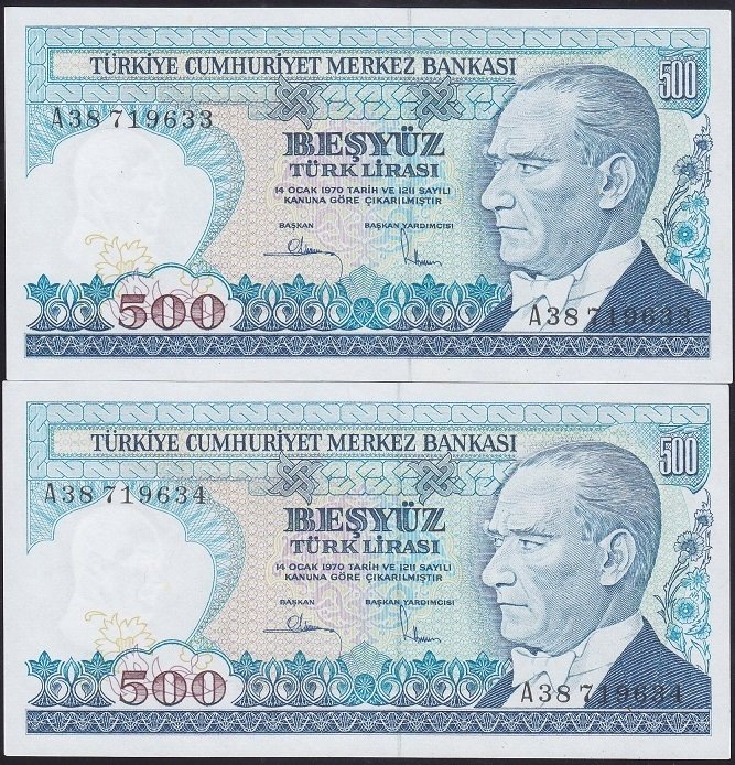 7.EMİSYON 1.TERTİP 500 LİRA A38 719633-634 SERİ TAKİPLİ (2 ADET) ÇİLALTI ÇİL