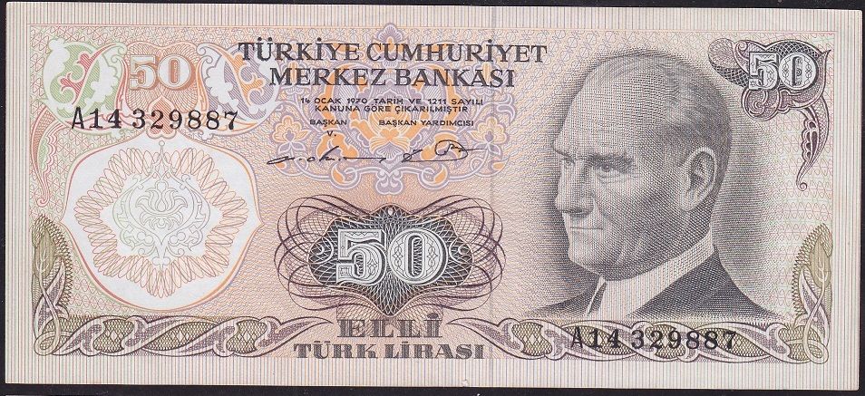 6.Emisyon 1.Tertip 50 Lira A14 329887 Çok Çok Temiz+