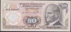 6.Emisyon 1.Tertip 50 Lira A14 329887 Çok Çok Temiz+