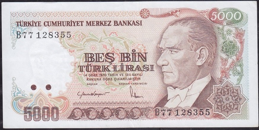 7.Emisyon 2.Tertip 5000 Lira B77 128355 Ççt Çilaltı