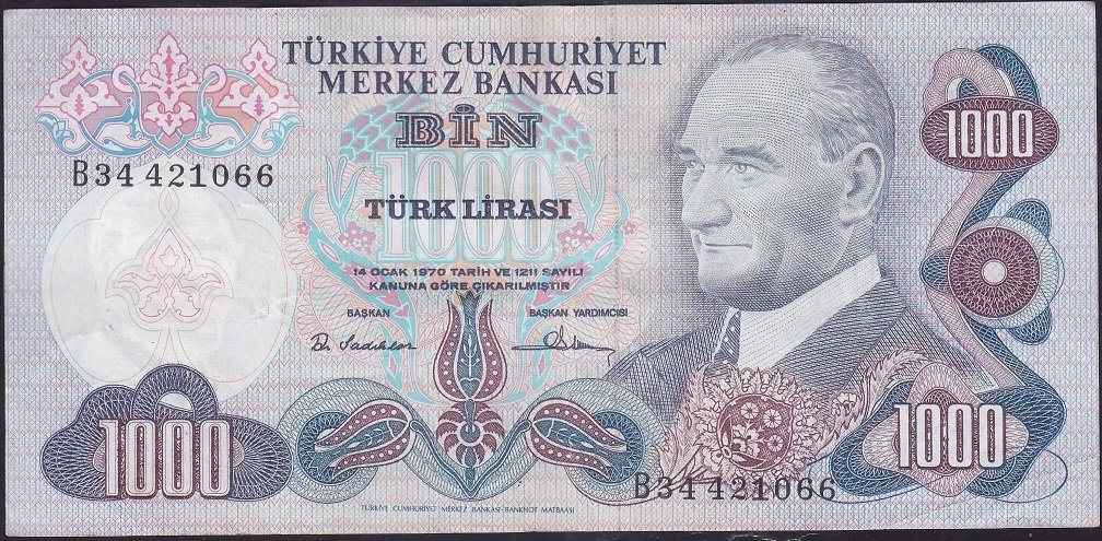 6.EMİSYON 1.TERTİP 1000 LİRA B34 421066 ÇOK TEMİZ +