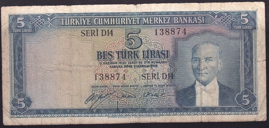 5.Emisyon 1.Tertip 5 Lira D14 138874 Çok Temiz