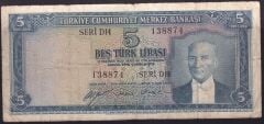 5.Emisyon 1.Tertip 5 Lira D14 138874 Çok Temiz