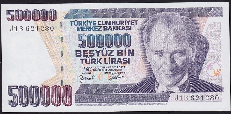 7.Emisyon 4.Tertip 500000 Lira J13 621280 Çilaltı Çil ( Bandrol baskı izi var)