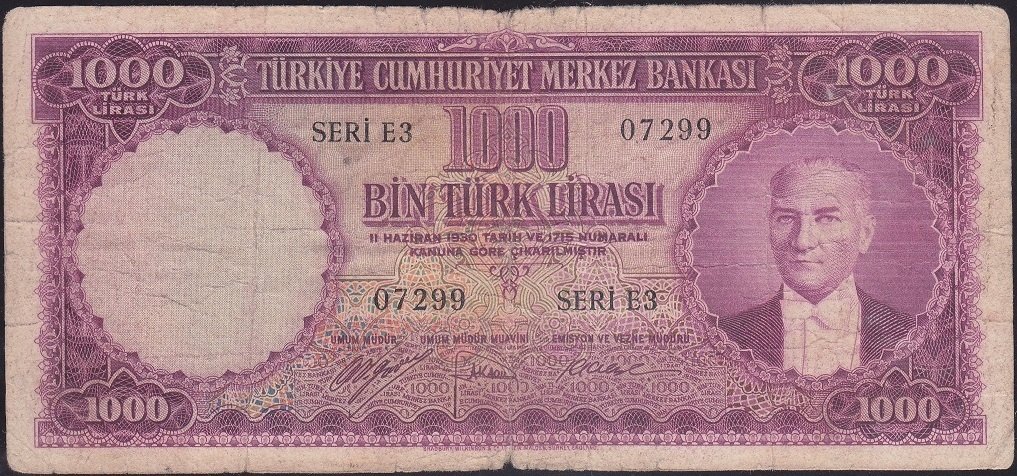 5.Emisyon 1000 lira E3 07299 Çok Temiz