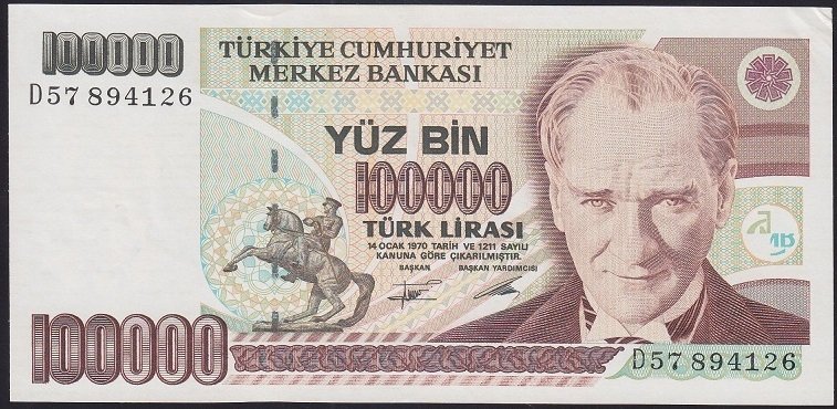 7.EMİSYON 2.TERTİP 100000 LİRA D57 894126 ÇİLALTI ( PARADA KAT YOK LEKELER VAR)