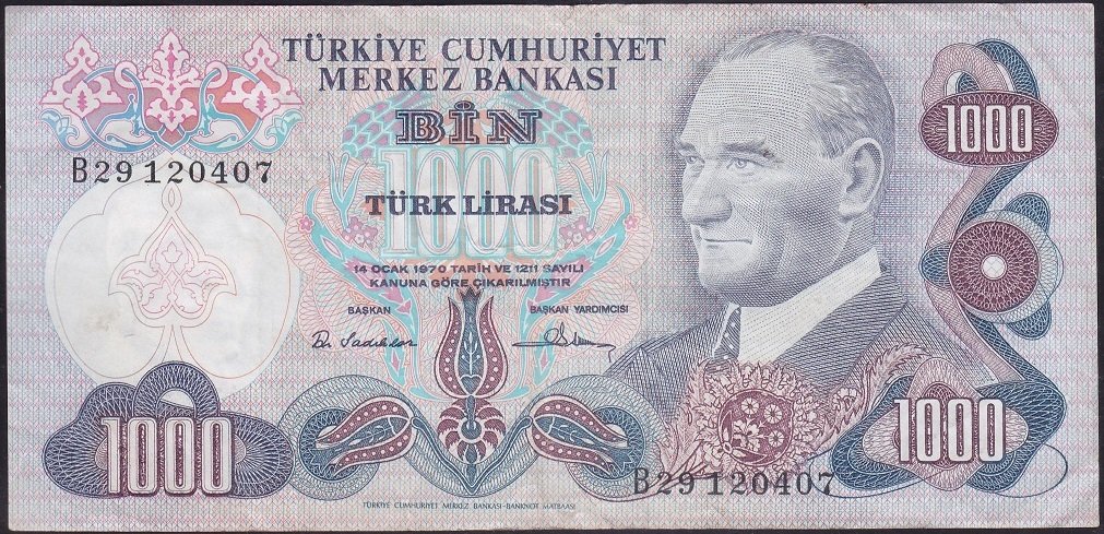 6.EMİSYON 1.TERTİP 1000 LİRA B29 120407 ÇOK TEMİZ +