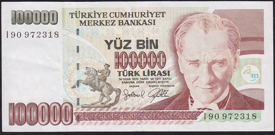 7.Emisyon 3.Tertip 100000 Lira I90 972318 Çok Temiz+