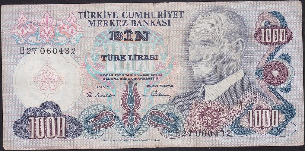 6.EMİSYON 1.TERTİP 1000 LİRA B27 060432 ÇOK TEMİZ
