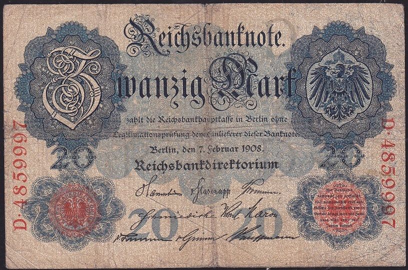 Almanya 20 Mark 1908 Çok Temiz