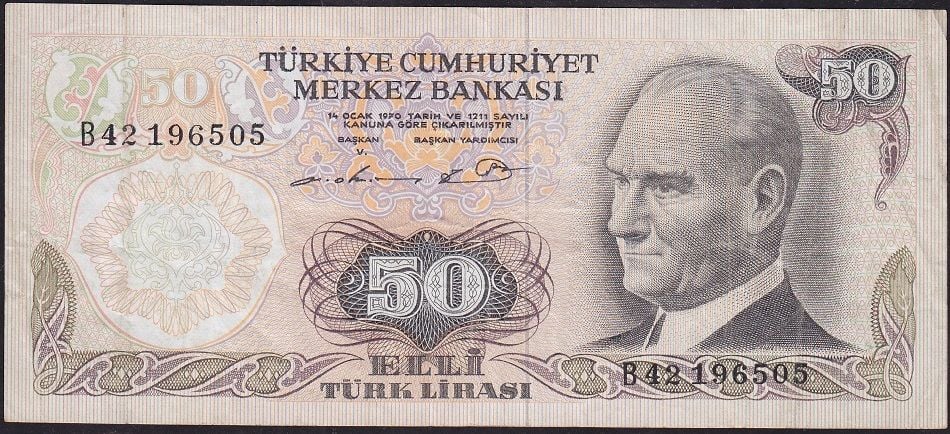 6.Emisyon 1.Tertip 50 Lira B42 196505 Çok Temiz