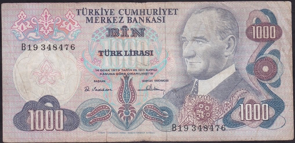 6.EMİSYON 1.TERTİP 1000 LİRA B19 348476 TEMİZ eski kağıt para fiyatları