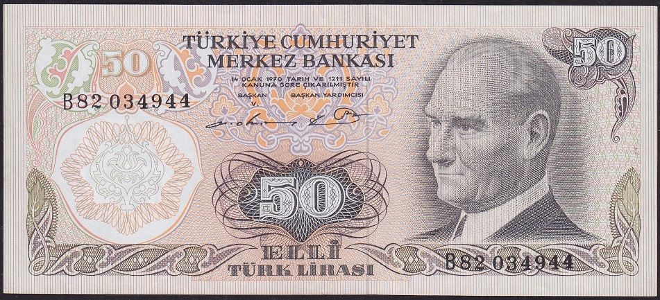 6.Emisyon 1.Tertip 50 Lira B82 034944 Çok Çok Temiz+