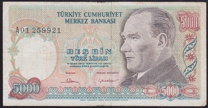 7.EMİSYON 1.TERTİP 5000 LİRA A01 259921 ÇOK TEMİZ +