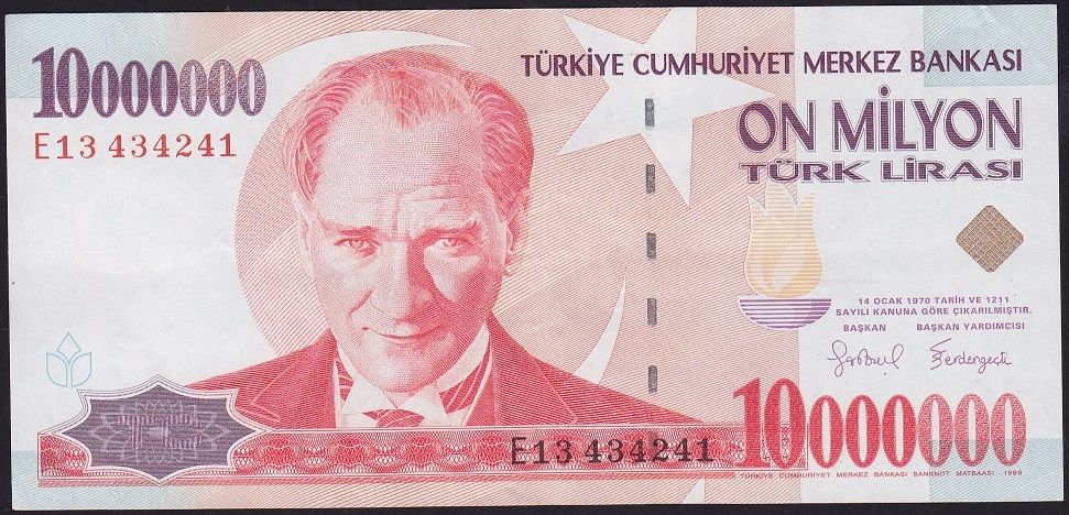 7.Emisyon 10 000 000 Lira E13 43 42 41 Çok Çok Temiz+ ( Blok merdiven )