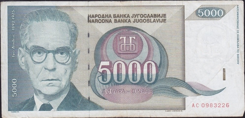 Yugoslavya 5000 Dinar 1992 Çok Temiz +