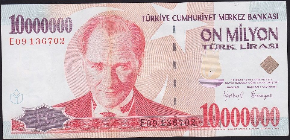 7.Emisyon 10 000 000 Lira E09 136702 Çok Temiz+