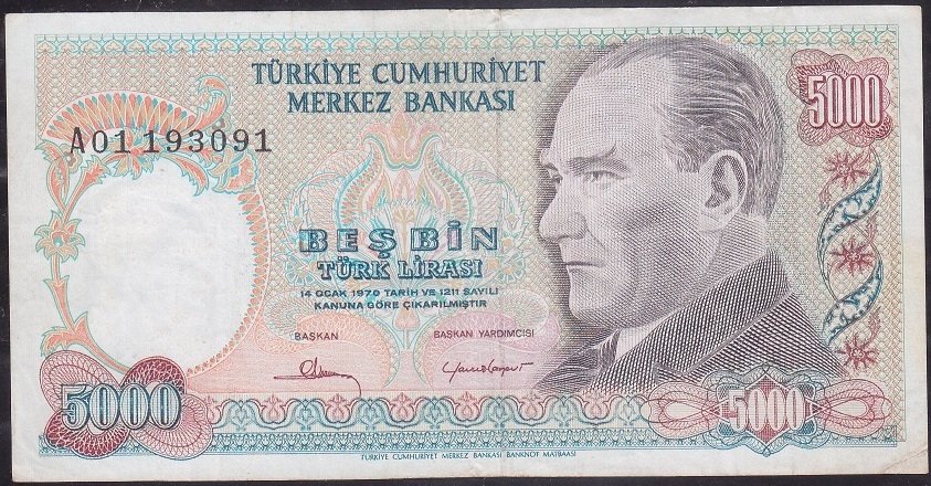 7.Emisyon 1.Tertip 5000 Lira A01 193091 Çok Temiz