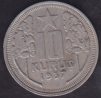 1937 Yılı 10 Kuruş Çok Temiz +