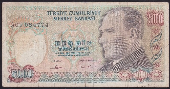 7.EMİSYON 1.TERTİP 5000 LİRA A09 084774 TEMİZ