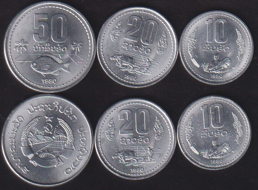 Laos 3 Parça Madeni Para Seti Çil, 10 20 50 Att, 1980,