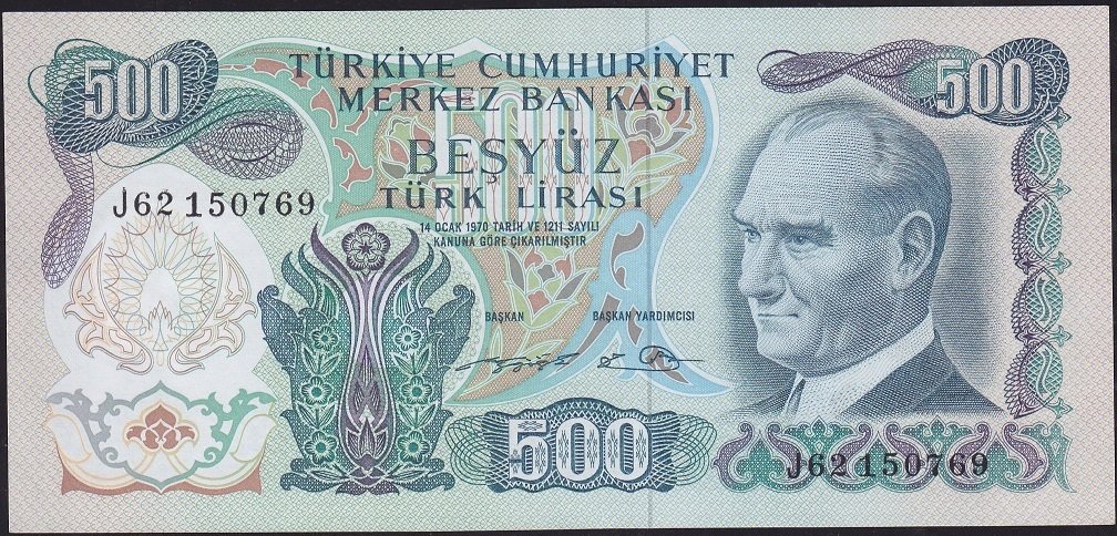 6.Emisyon 2.Tertip 500 Lira J62 150769 Çok Çok Temiz (Düzeltme var)