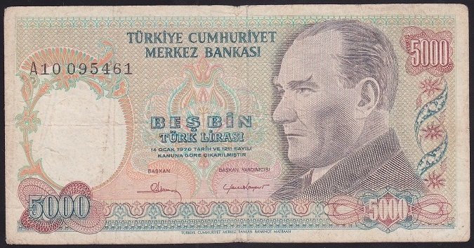 7.EMİSYON 1.TERTİP 5000 LİRA A10 095461 ÇOK TEMİZ