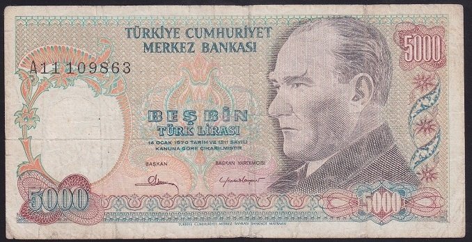 7.EMİSYON 1.TERTİP 5000 LİRA A11 109863 ÇOK TEMİZ