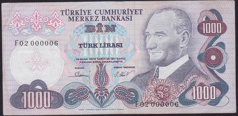 6.EMİSYON 3.TERTİP 1000 LİRA F02 000006 ÇOK TEMİZ (GÜZEL NUMARA)
