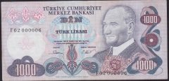 6.EMİSYON 3.TERTİP 1000 LİRA F02 000006 ÇOK TEMİZ (GÜZEL NUMARA)