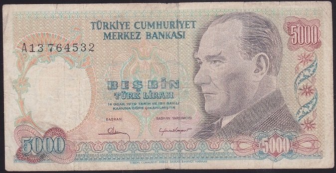 7.EMİSYON 1.TERTİP 5000 LİRA A13 764532 TEMİZ +