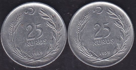 1959 Yılı 25 Kuruş Ters Düz Takım
