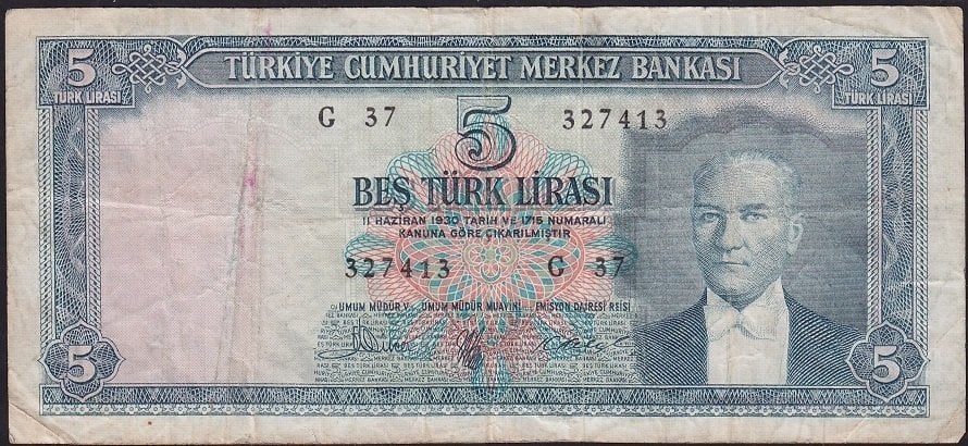 5.Emisyon 3.Tertip 5 Lira G37 327413 Çok Temiz