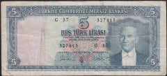 5.Emisyon 3.Tertip 5 Lira G37 327413 Çok Temiz