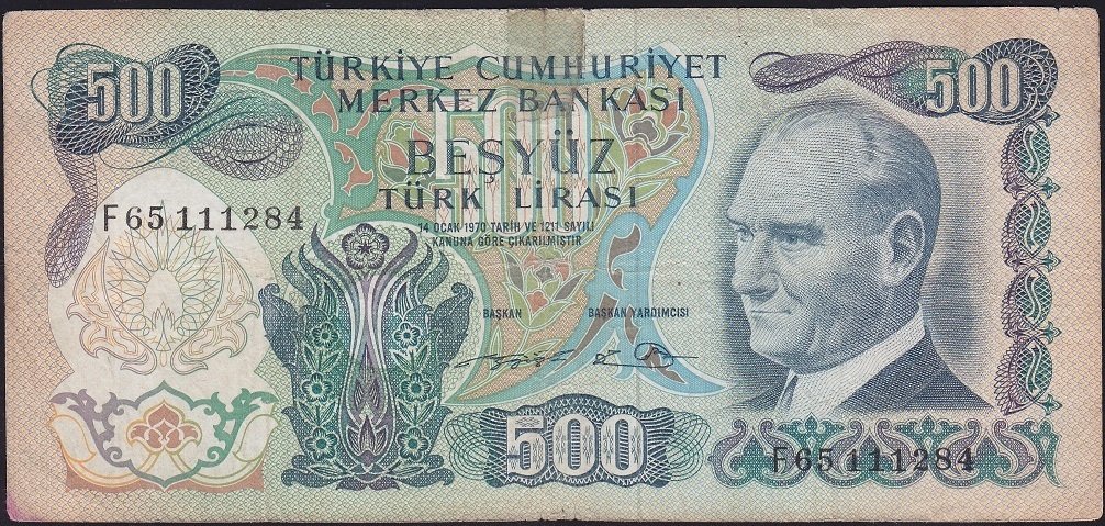 6.Emisyon 2.Tertip 500 Lira F65 111284 Temiz ( Üstte bant  kullanılmış)