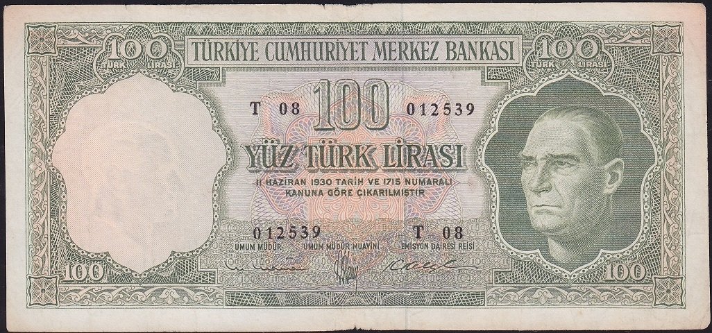 5.Emisyon 4.Tertip 100 Lira T08 012539 Çok Temiz ( Düzeltme var )