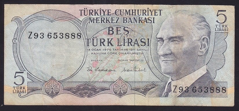 6.EMİSYON 2.TERTİP 5 LİRA Z93 653888 TEMİZ