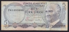 6.EMİSYON 2.TERTİP 5 LİRA Z93 653888 TEMİZ