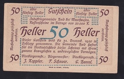 AVUSTURYA 50 HELLER NOTGELD 1920 ÇİL