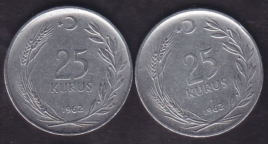 1962 Yılı 25 Kuruş Ters Düz Takım