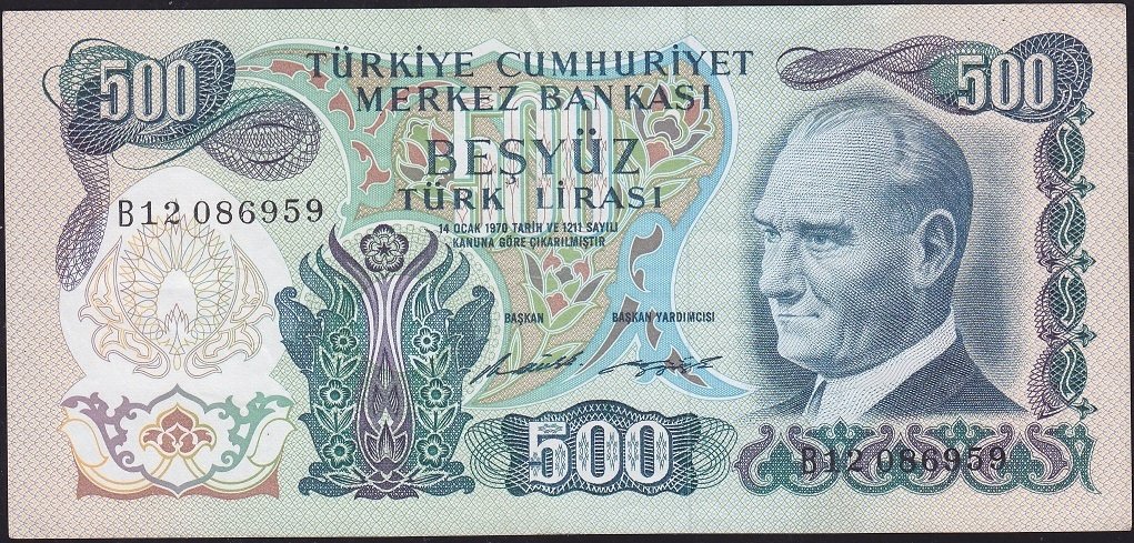 6.Emisyon 1.Tertip 500 Lira B12 086959 Çok Çok Temiz