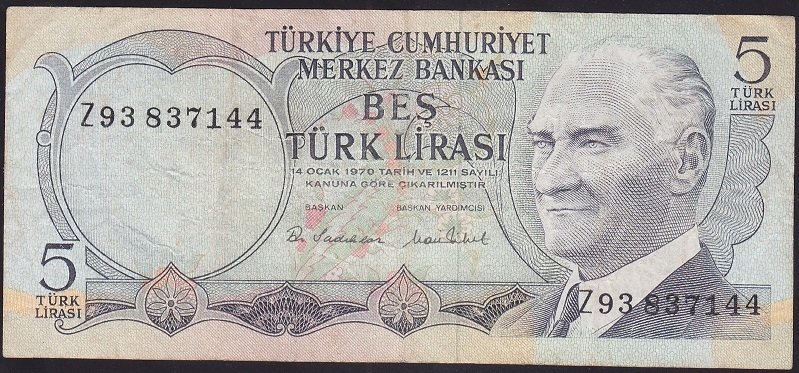 6.EMİSYON 2.TERTİP 5 LİRA Z93 837144 ÇOK TEMİZ